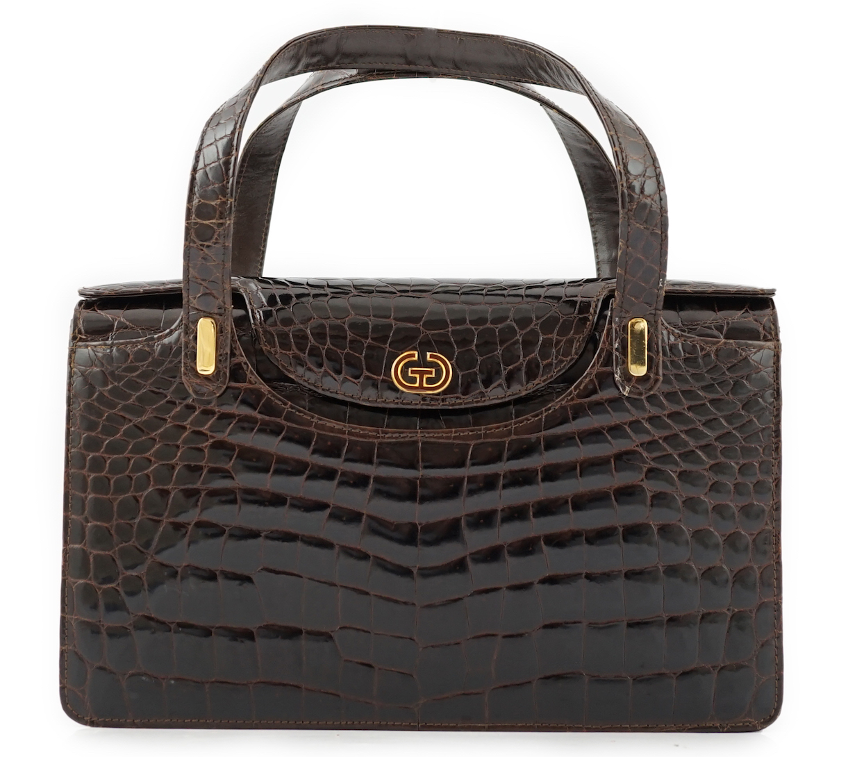 A lady's vintage brown crocodile handbag height 20cm, height to handles 33cm, width 32cm, depth 6cm